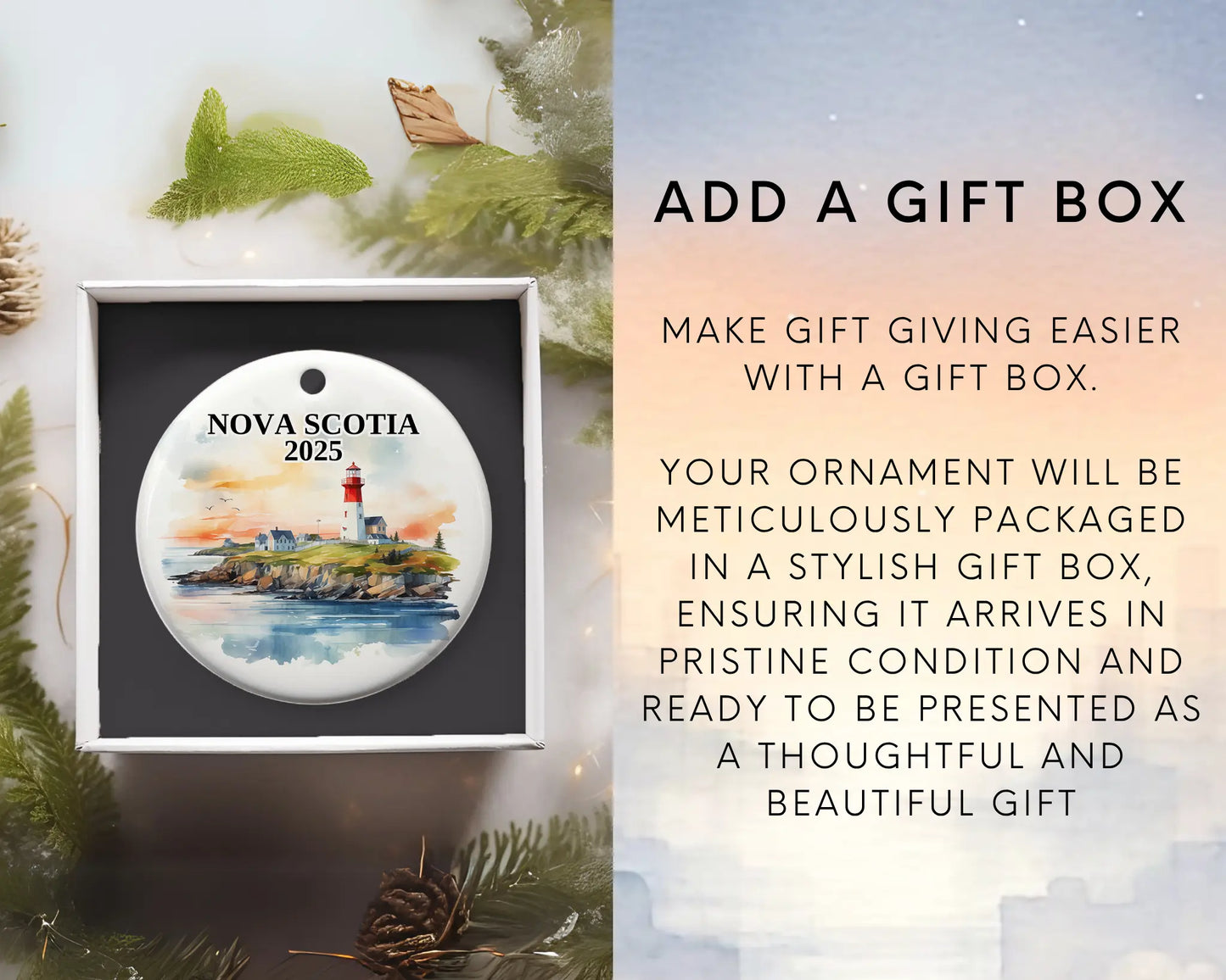 Custom Nova Scotia ceramic photo ornament with personalized message – handmade Christmas bauble, gift souvenir, or vacation keepsake. Add gift box