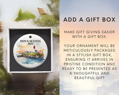 Custom Nova Scotia ceramic photo ornament with personalized message – handmade Christmas bauble, gift souvenir, or vacation keepsake. Add gift box
