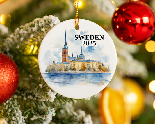 Custom Sweden ceramic photo ornament with personalized message – handmade Christmas bauble, gift souvenir, or vacation keepsake. 