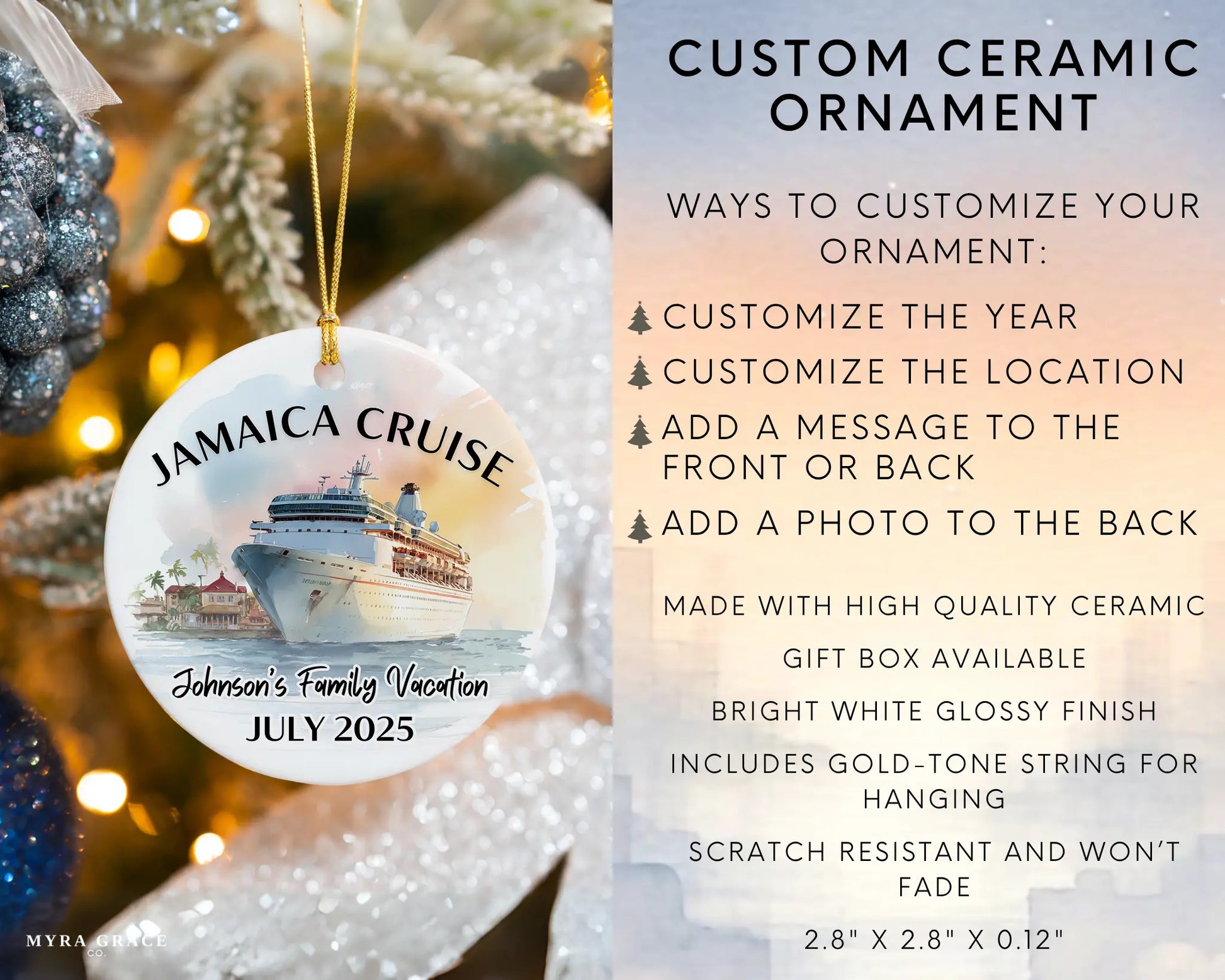 Handmade ceramic Jamaica cruise ornament with personalized location and photo – custom Christmas bauble or cruise vacation souvenir. Infographic