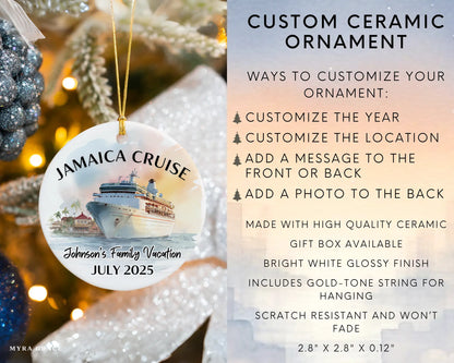 Handmade ceramic Jamaica cruise ornament with personalized location and photo – custom Christmas bauble or cruise vacation souvenir. Infographic