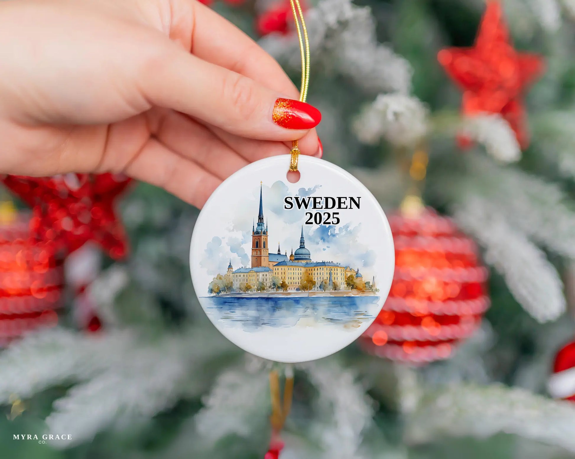 Custom Sweden ceramic photo ornament with personalized message – handmade Christmas bauble, gift souvenir, or vacation keepsake. 