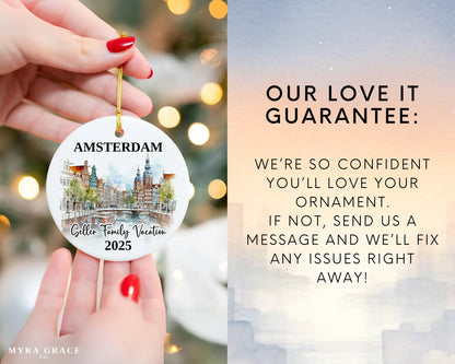 Custom vacation Amsterdam ceramic photo ornament with personalized message – handmade Christmas bauble, gift souvenir, or vacation keepsake. Love it guarantee