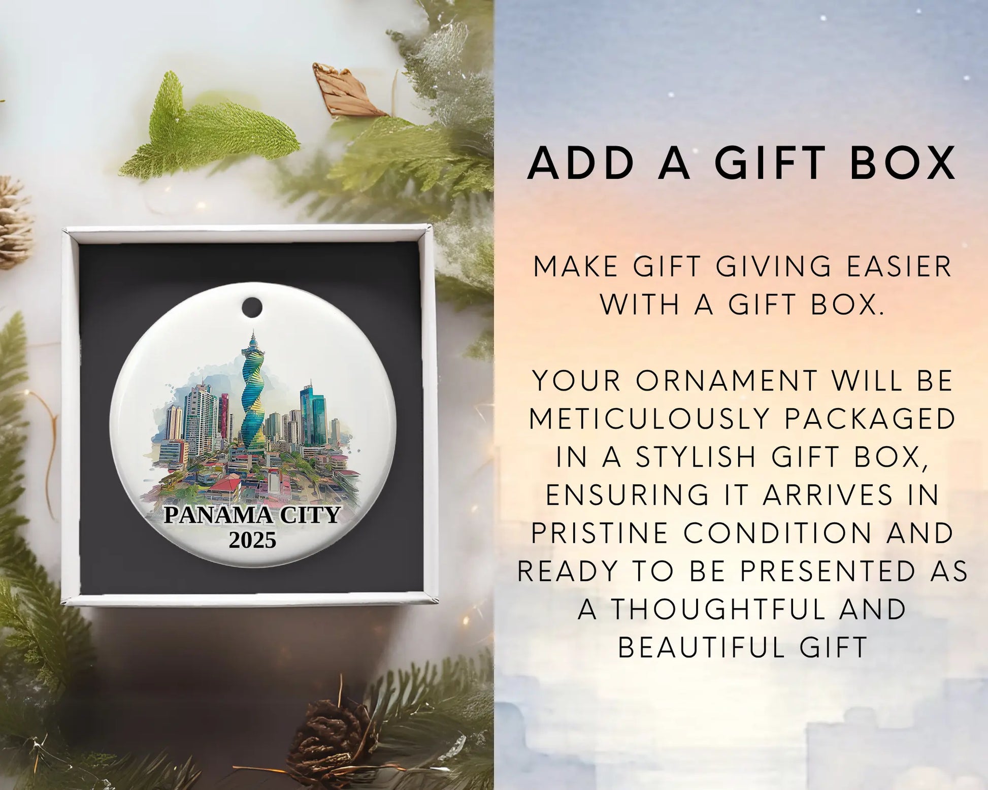 Custom Panama City ceramic photo ornament with personalized message – handmade Christmas bauble, gift souvenir, or vacation keepsake. Add gift box