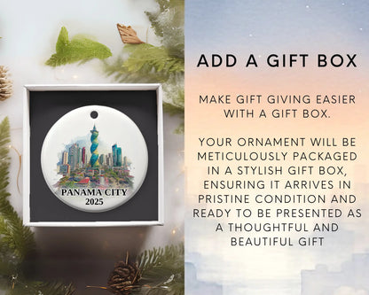 Custom Panama City ceramic photo ornament with personalized message – handmade Christmas bauble, gift souvenir, or vacation keepsake. Add gift box