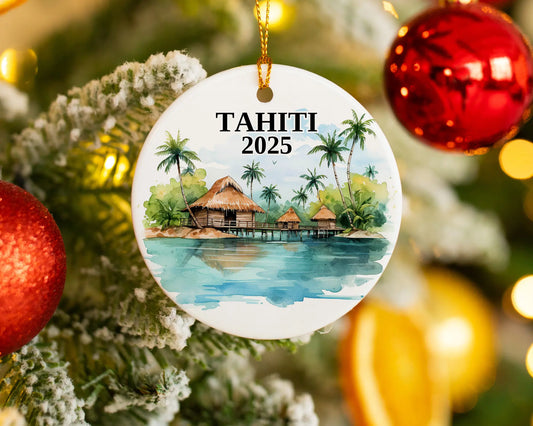 Custom Tahiti ceramic photo ornament with personalized message – handmade Christmas bauble, gift souvenir, or vacation keepsake. 