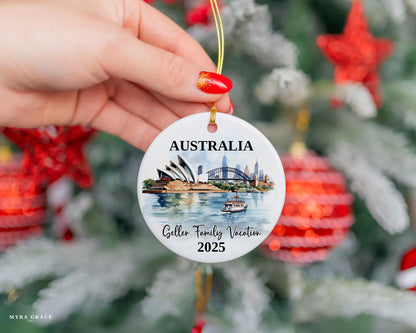 Custom vacation Sydney Australia ceramic photo ornament with personalized message – handmade Christmas bauble, gift souvenir, or vacation keepsake. 
