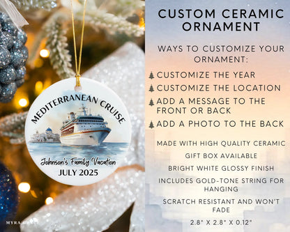 Handmade ceramic Mediterranean cruise ornament with personalized location and photo – custom Christmas bauble or cruise vacation souvenir. Infographic