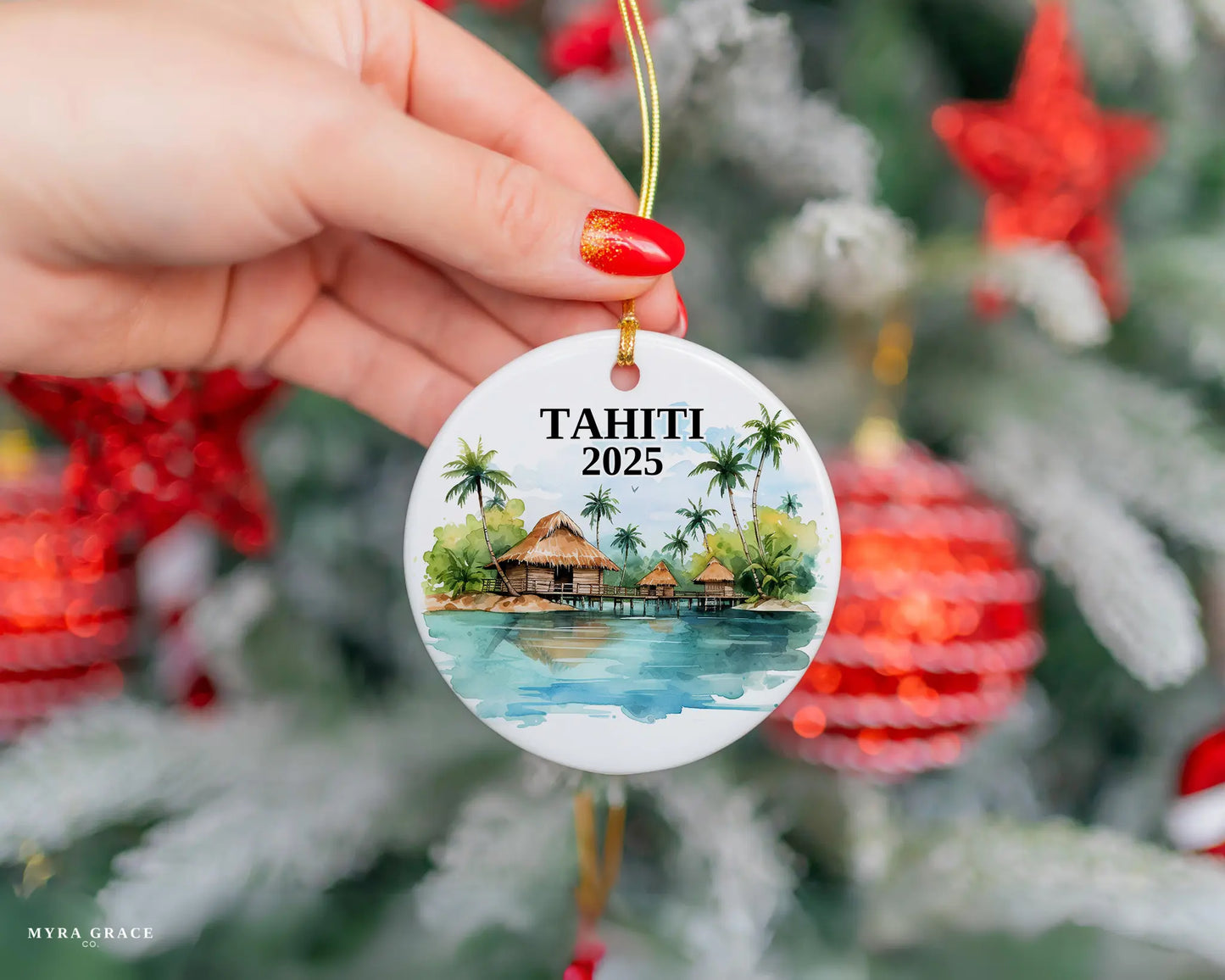 Custom Tahiti ceramic photo ornament with personalized message – handmade Christmas bauble, gift souvenir, or vacation keepsake. 