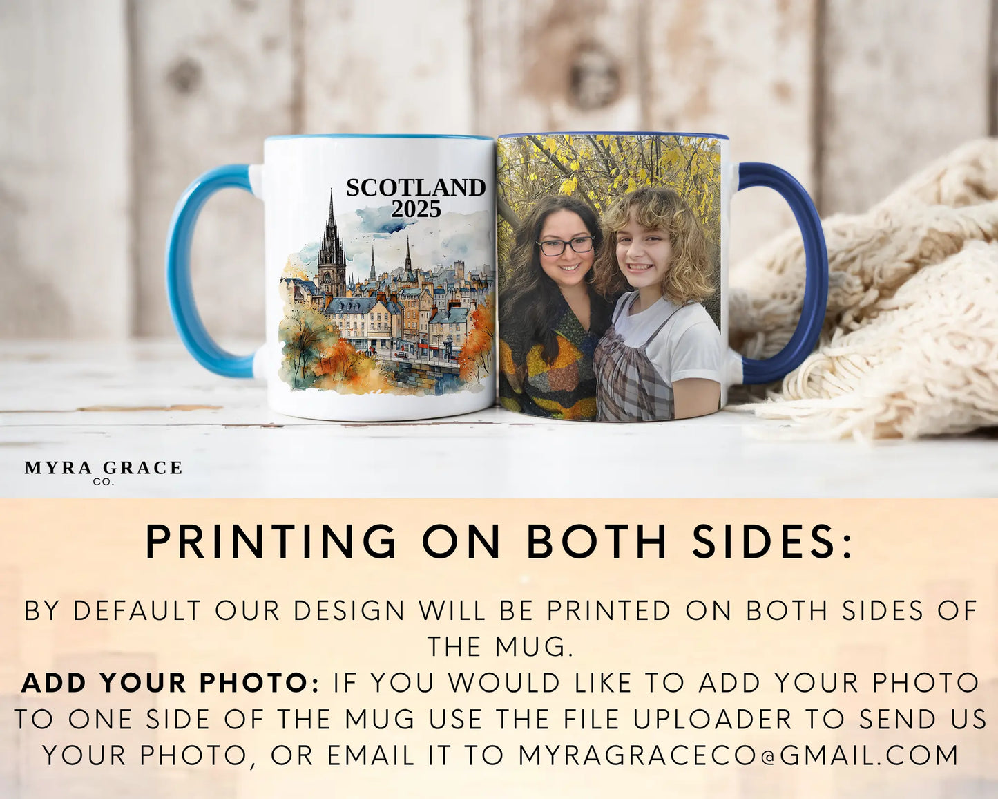 Custom ceramic Edinburgh Scotland vacation mug with watercolor location design, date, and personal photo – personalized travel gift or photo mug. Add your photo