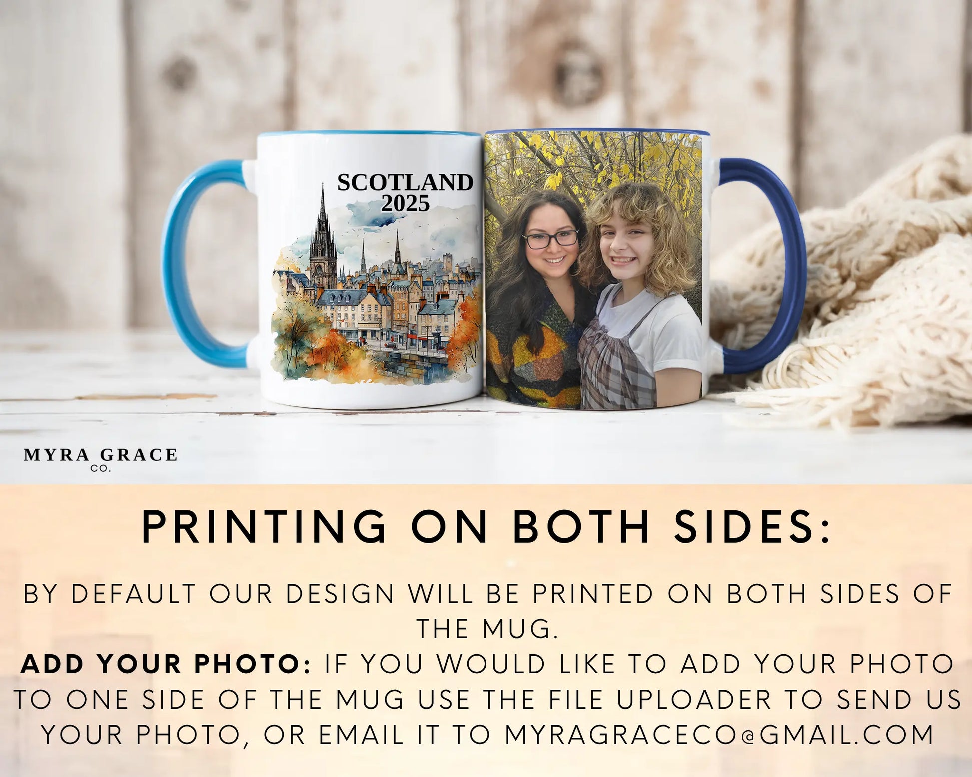 Custom ceramic Edinburgh Scotland vacation mug with watercolor location design, date, and personal photo – personalized travel gift or photo mug. Add your photo