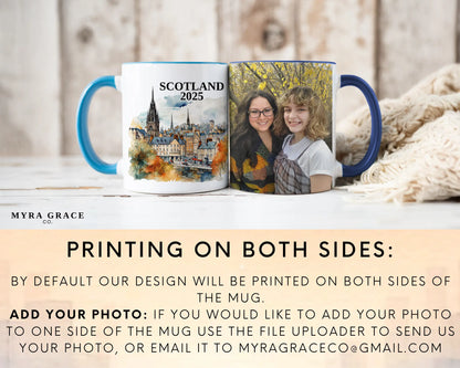 Custom ceramic Edinburgh Scotland vacation mug with watercolor location design, date, and personal photo – personalized travel gift or photo mug. Add your photo