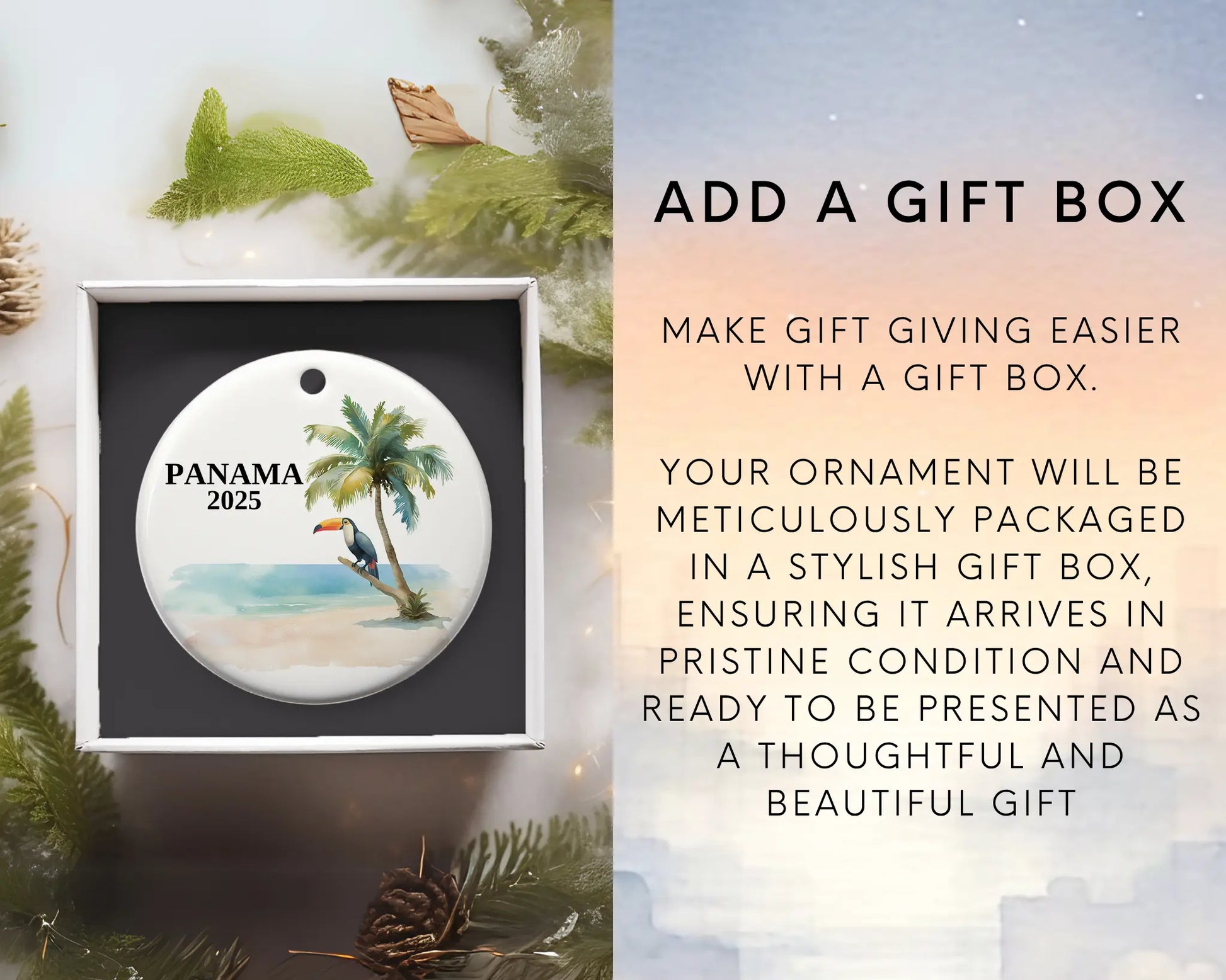 Custom Panama ceramic photo ornament with personalized message – handmade Christmas bauble, gift souvenir, or vacation keepsake. Add a gift box