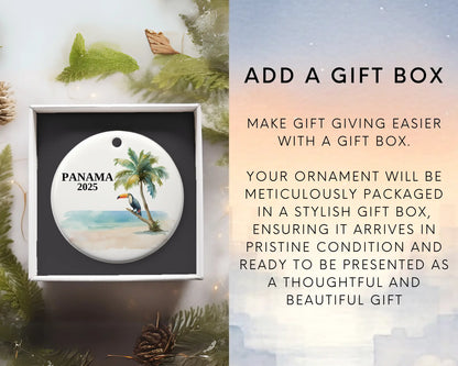 Custom Panama ceramic photo ornament with personalized message – handmade Christmas bauble, gift souvenir, or vacation keepsake. Add a gift box
