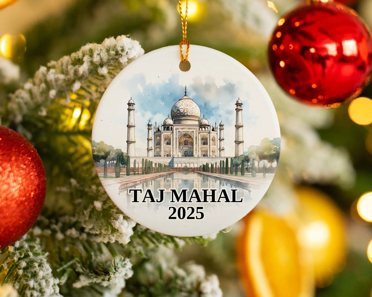 Custom Taj Mahal ceramic photo ornament with personalized message – handmade Christmas bauble, gift souvenir, or vacation keepsake. 