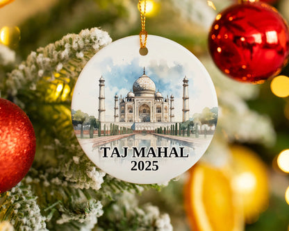 Custom Taj Mahal ceramic photo ornament with personalized message – handmade Christmas bauble, gift souvenir, or vacation keepsake. 