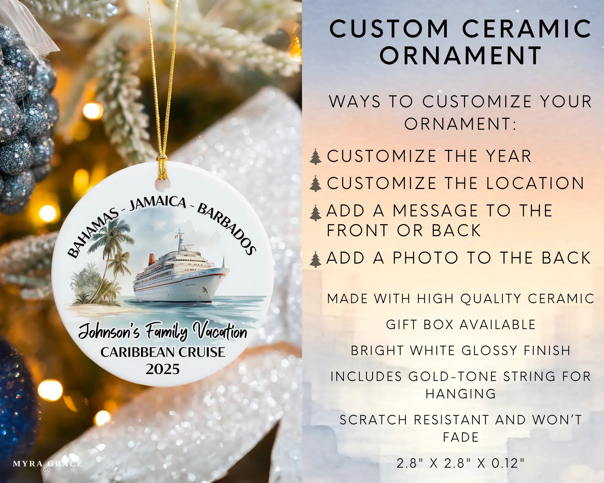 Handmade ceramic Caribbean cruise ornament with personalized location and photo – custom Christmas bauble or cruise vacation souvenir.