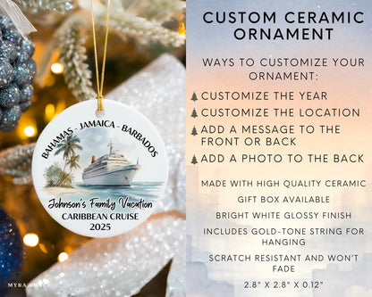 Handmade ceramic Caribbean cruise ornament with personalized location and photo – custom Christmas bauble or cruise vacation souvenir.
