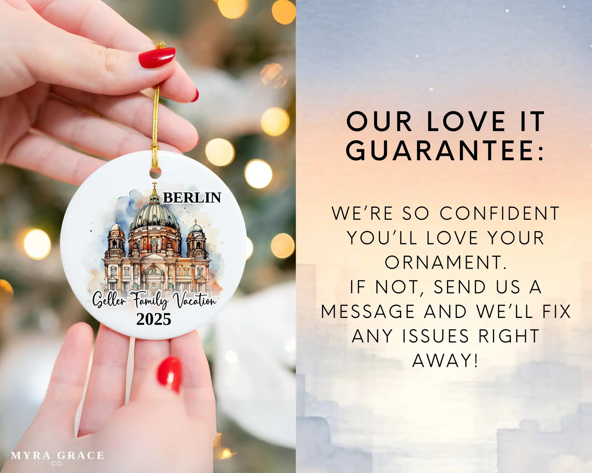 Custom vacation Berlin Germany ceramic photo ornament with personalized message – handmade Christmas bauble, gift souvenir, or vacation keepsake. Love it guarantee