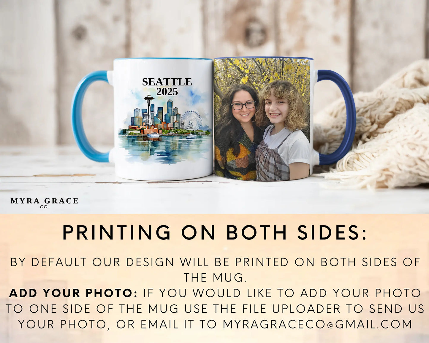 Custom ceramic Seattle vacation mug with watercolor location design, date, and personal photo – personalized travel gift or photo mug. Add your photo