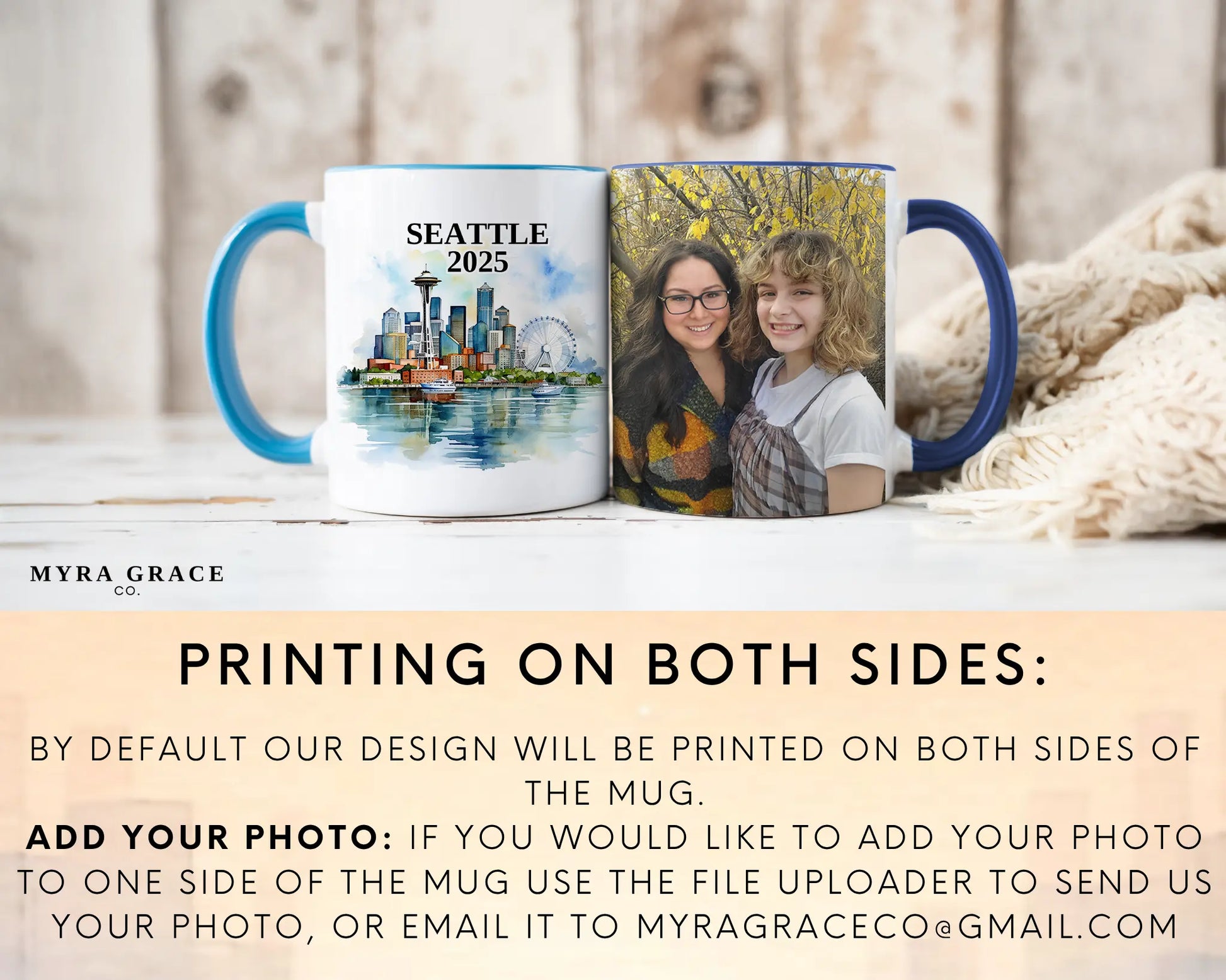 Custom ceramic Seattle vacation mug with watercolor location design, date, and personal photo – personalized travel gift or photo mug. Add your photo