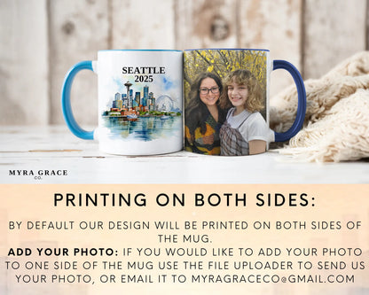Custom ceramic Seattle vacation mug with watercolor location design, date, and personal photo – personalized travel gift or photo mug. Add your photo