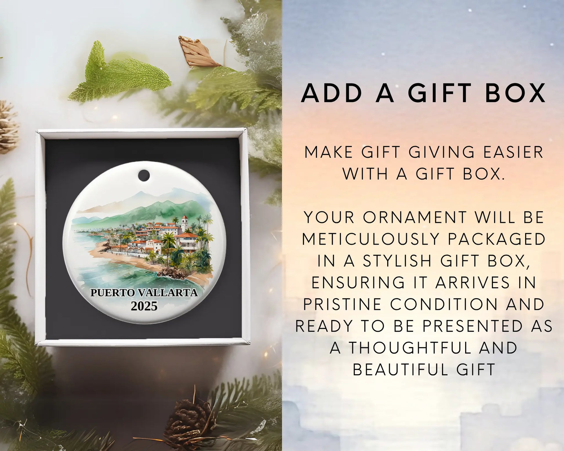 Custom Puerto Vallarta Mexico ceramic photo ornament with personalized message – handmade Christmas bauble, gift souvenir, or vacation keepsake.  Add gift box