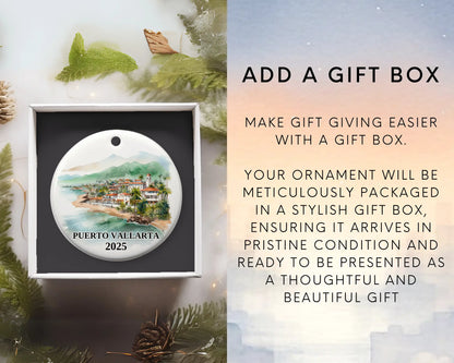 Custom Puerto Vallarta Mexico ceramic photo ornament with personalized message – handmade Christmas bauble, gift souvenir, or vacation keepsake.  Add gift box
