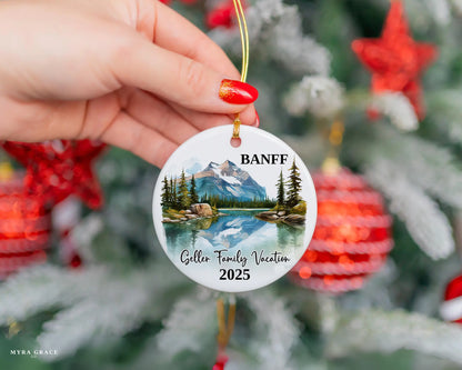Custom vacation Banff Canada ceramic photo ornament with personalized message – handmade Christmas bauble, gift souvenir, or vacation keepsake. 