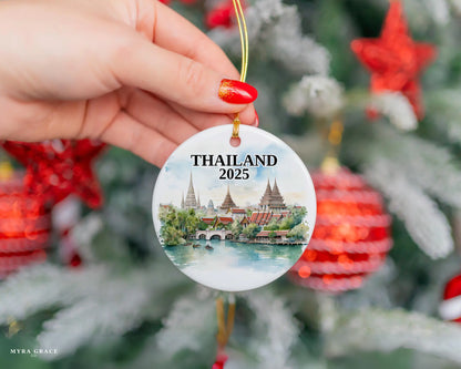 Custom Thailand ceramic photo ornament with personalized message – handmade Christmas bauble, gift souvenir, or vacation keepsake. 