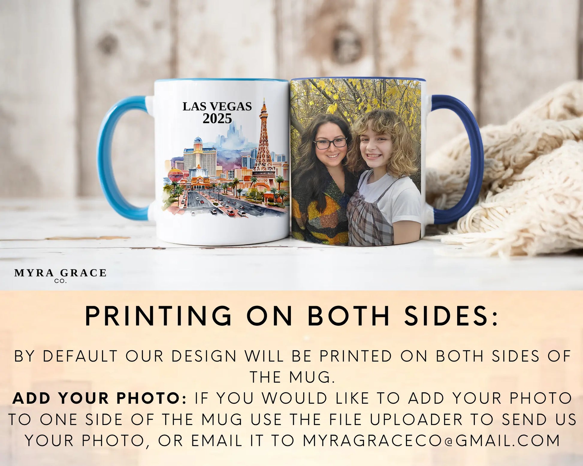 Custom ceramic Las Vegas vacation mug with watercolor location design, date, and personal photo – personalized travel gift or photo mug. Add your photo