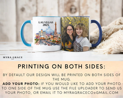 Custom ceramic Las Vegas vacation mug with watercolor location design, date, and personal photo – personalized travel gift or photo mug. Add your photo