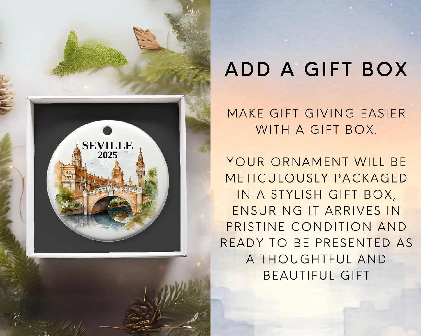 Seville Spain Ornament Custom Gift Souvenir Bauble. Custom Seville Spain ceramic photo ornament with personalized message – handmade Christmas bauble, gift souvenir, or vacation keepsake.  Add gift box