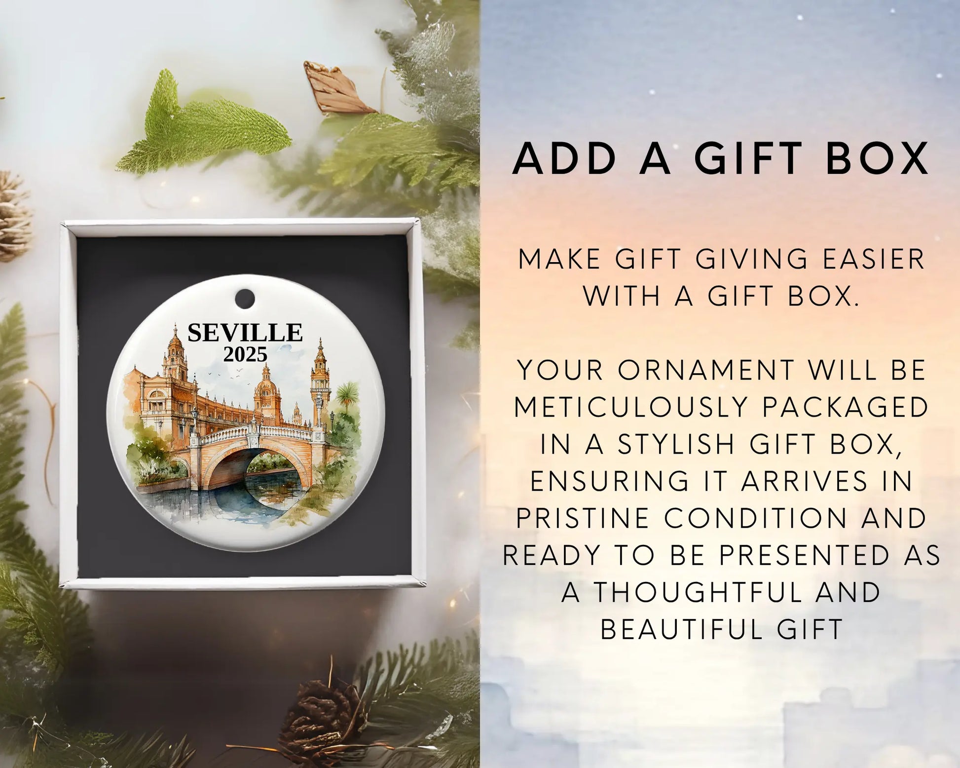 Seville Spain Ornament Custom Gift Souvenir Bauble. Custom Seville Spain ceramic photo ornament with personalized message – handmade Christmas bauble, gift souvenir, or vacation keepsake.  Add gift box
