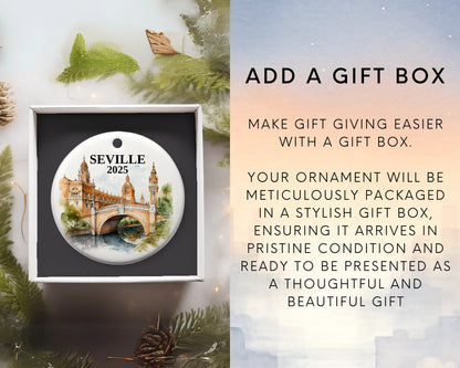Seville Spain Ornament Custom Gift Souvenir Bauble. Custom Seville Spain ceramic photo ornament with personalized message – handmade Christmas bauble, gift souvenir, or vacation keepsake.  Add gift box