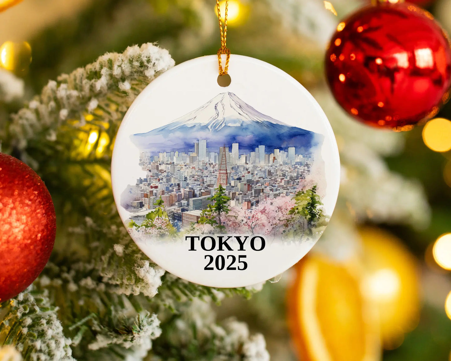 Custom Tokyo Japan ceramic photo ornament with personalized message – handmade Christmas bauble, gift souvenir, or vacation keepsake. 