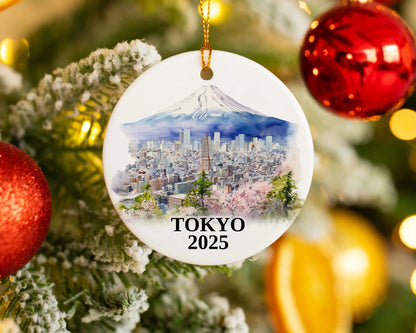 Custom Tokyo Japan ceramic photo ornament with personalized message – handmade Christmas bauble, gift souvenir, or vacation keepsake. 