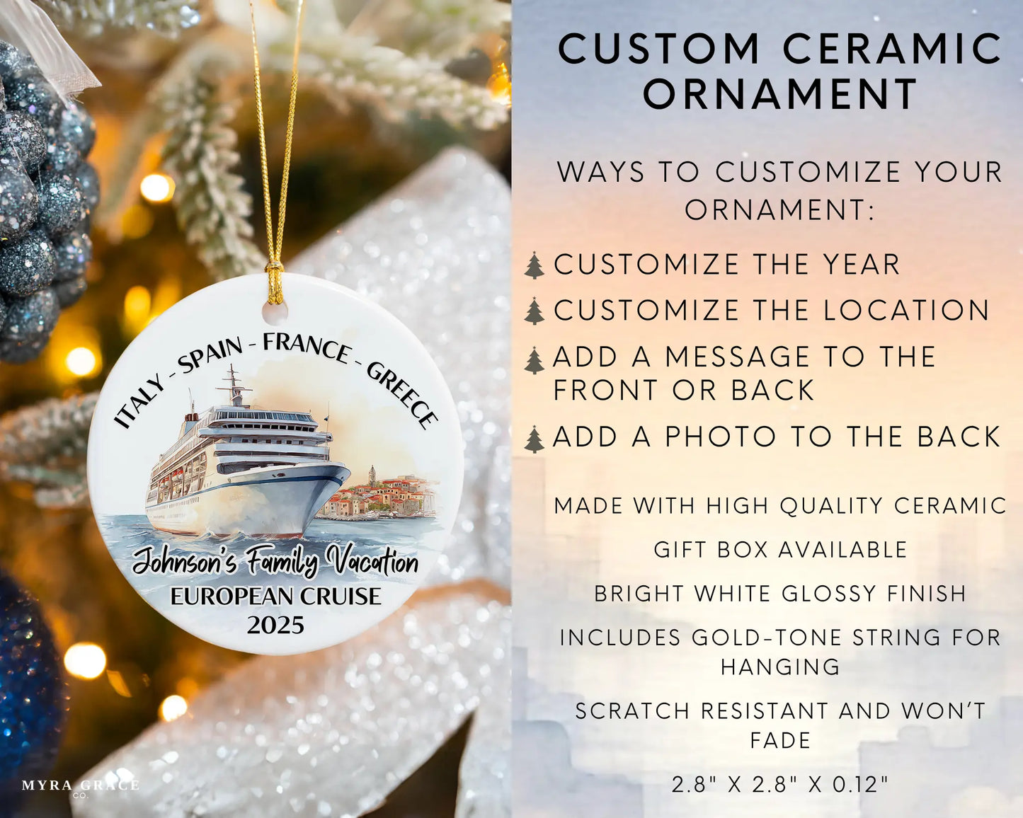 Handmade ceramic Europe cruise ornament with personalized location and photo – custom Christmas bauble or cruise vacation souvenir. Infographic