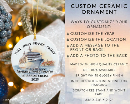 Handmade ceramic Europe cruise ornament with personalized location and photo – custom Christmas bauble or cruise vacation souvenir. Infographic