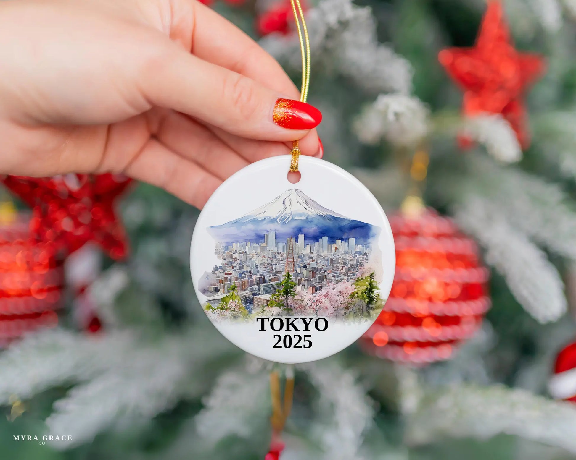 Custom Tokyo Japan ceramic photo ornament with personalized message – handmade Christmas bauble, gift souvenir, or vacation keepsake. 