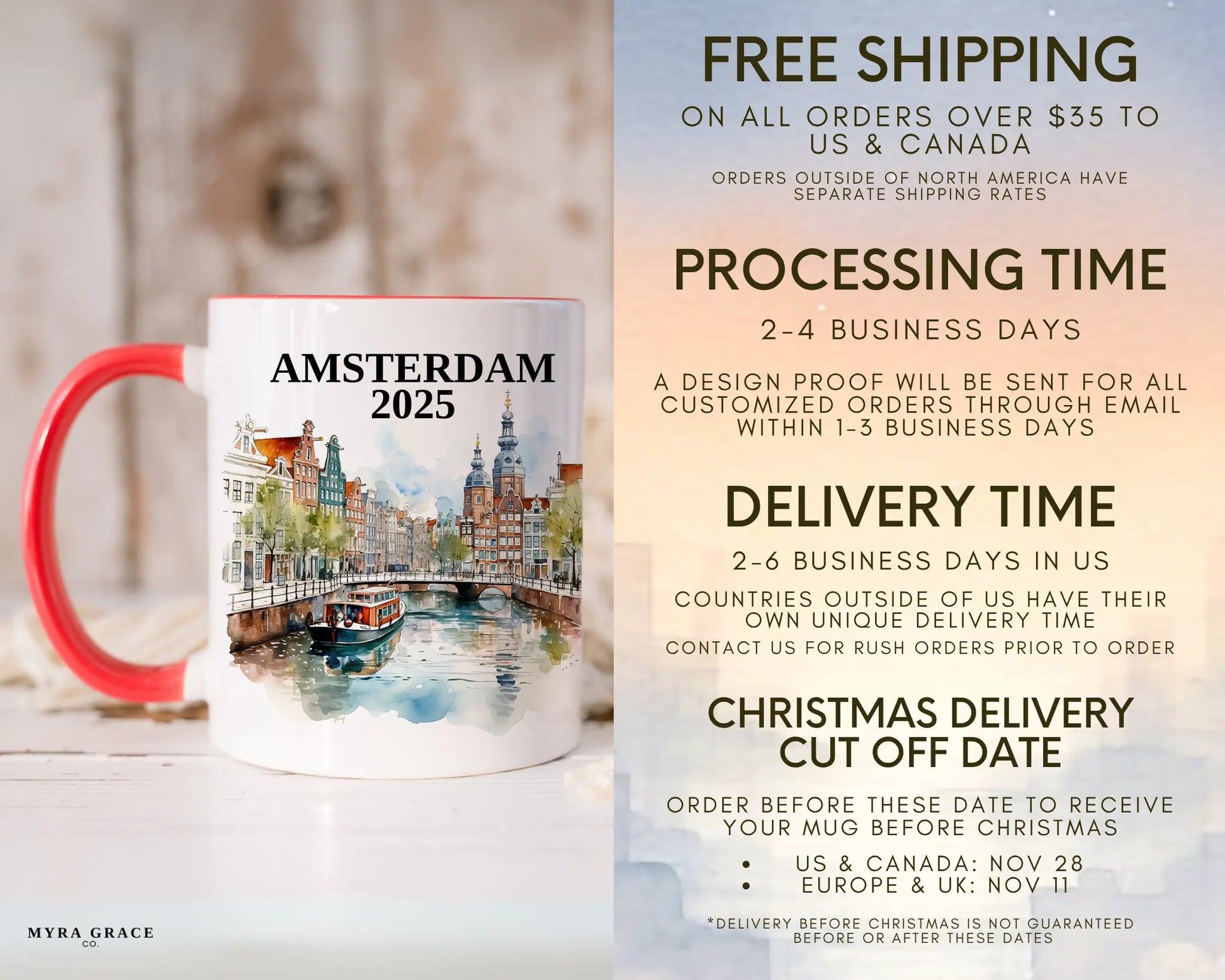 Custom ceramic Amsterdam vacation mug with watercolor location design, date, and personal photo – personalized travel gift or photo mug. Free shipping
