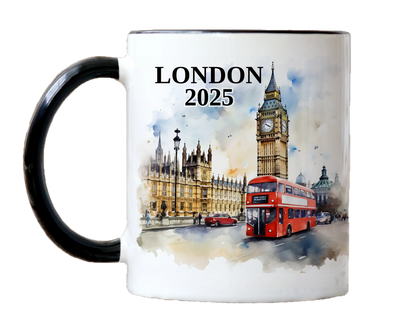 Custom ceramic London vacation mug with watercolor location design, date, and personal photo – personalized travel gift or photo mug. 