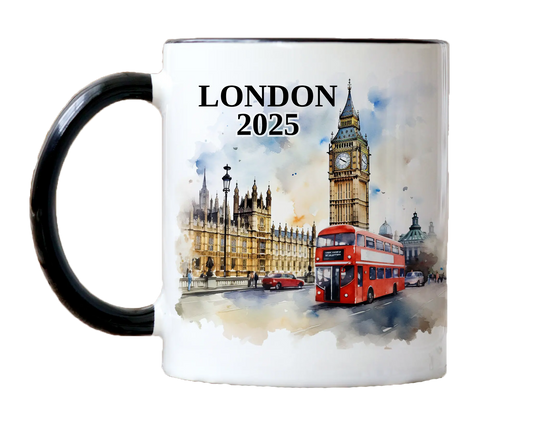 Custom ceramic London vacation mug with watercolor location design, date, and personal photo – personalized travel gift or photo mug. 