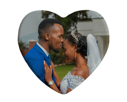 Heart-shaped custom wedding ceramic photo magnet on fridge – handmade personalized gift or Christmas fridge magnet. 