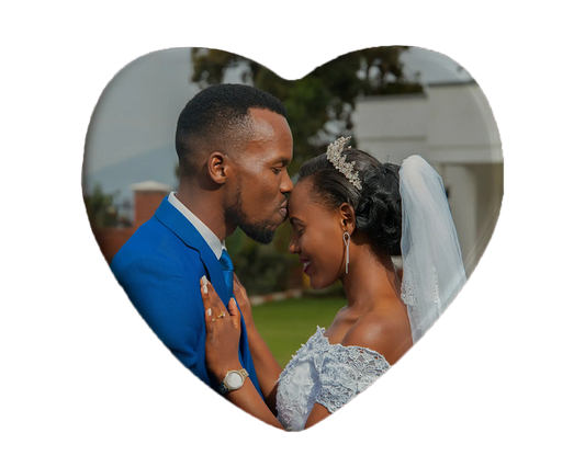 Heart-shaped custom wedding ceramic photo magnet on fridge – handmade personalized gift or Christmas fridge magnet. 