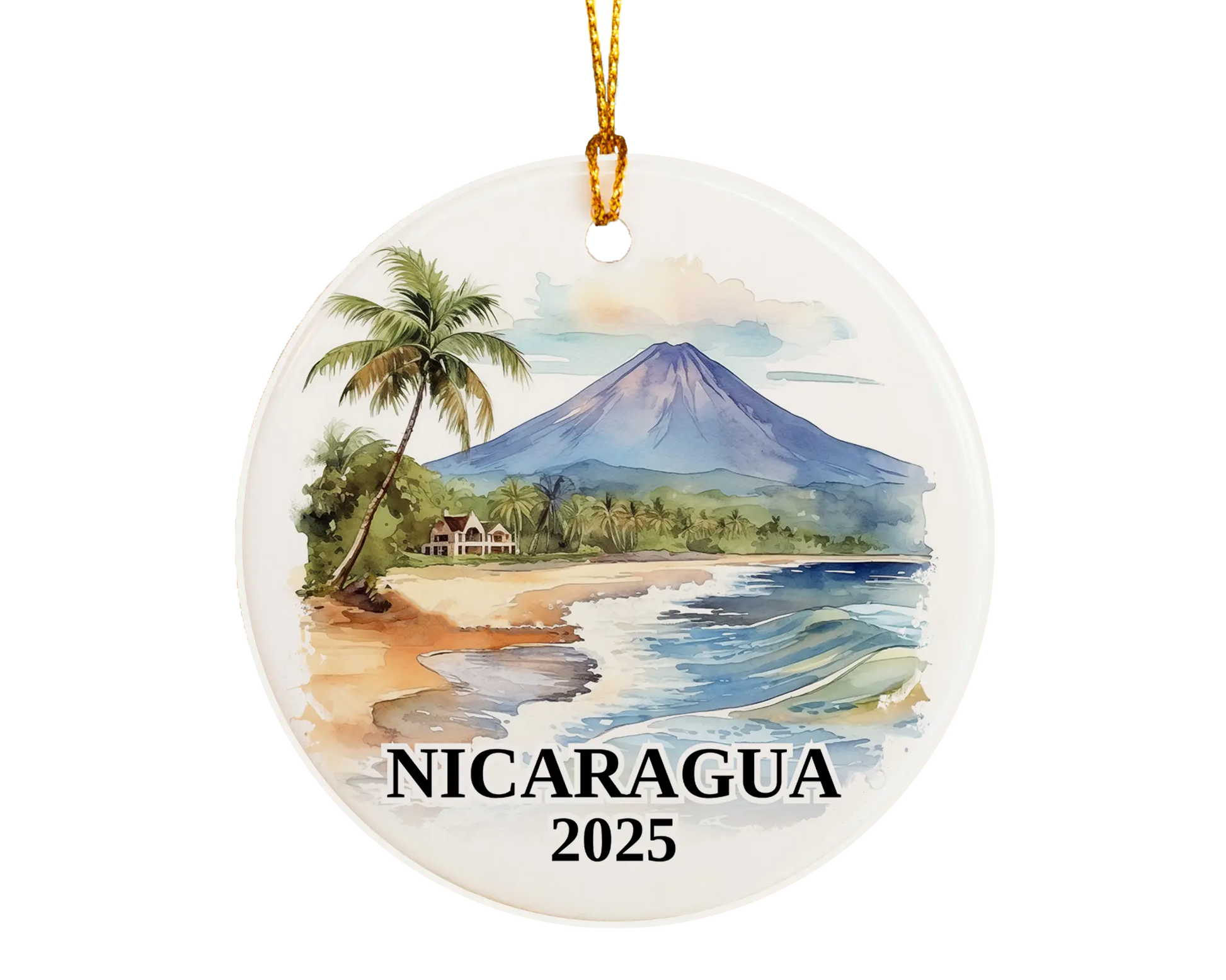 Custom Nicaragua ceramic photo ornament with personalized message – handmade Christmas bauble, gift souvenir, or vacation keepsake. 