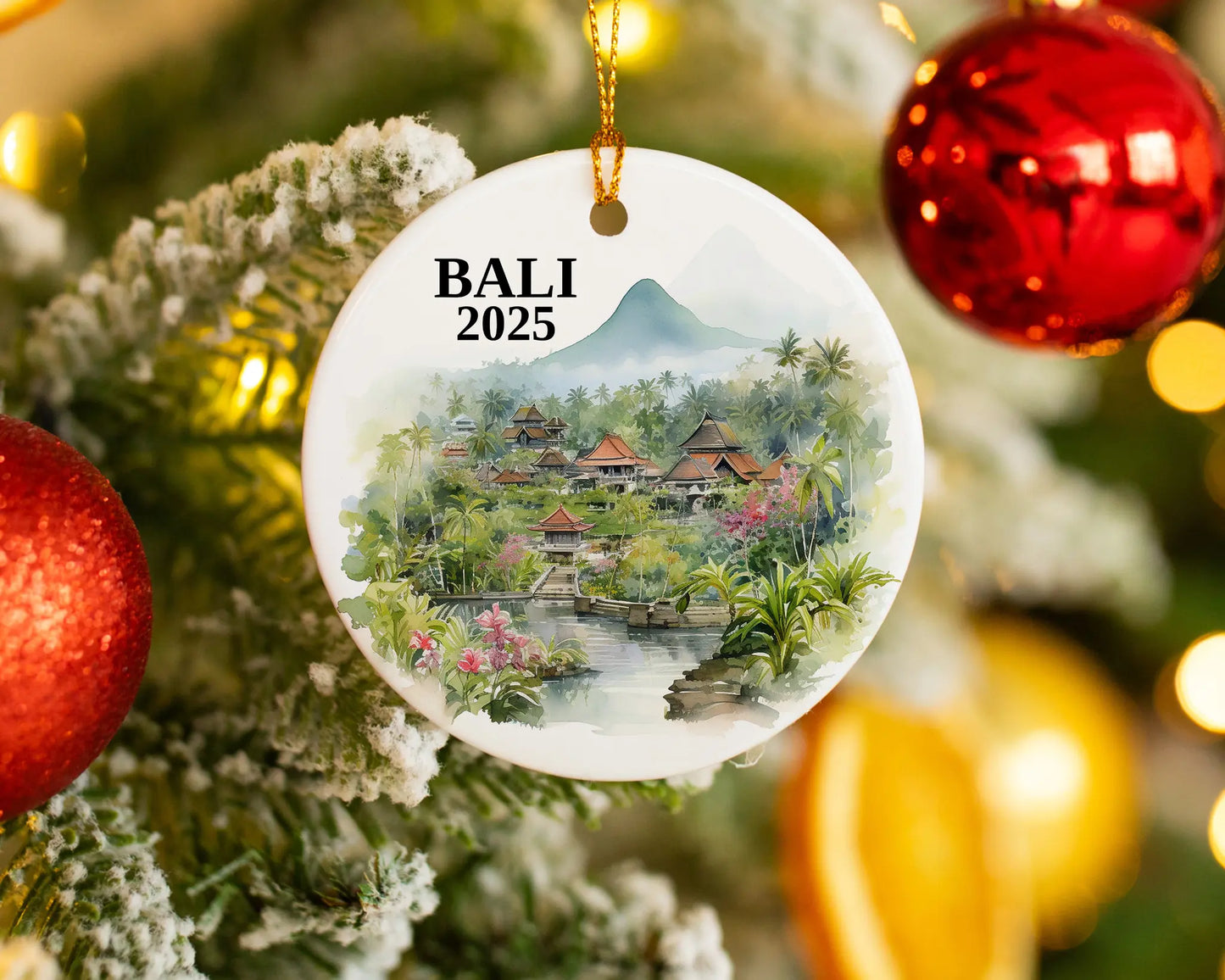 Custom Bali ceramic photo ornament with personalized message – handmade Christmas bauble, gift souvenir, or vacation keepsake.