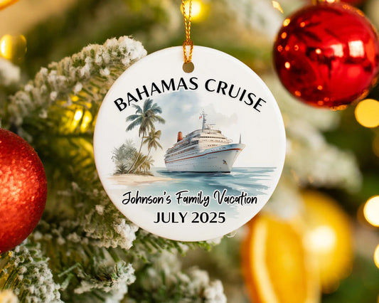 Handmade ceramic Bahamas cruise ornament with personalized location and photo – custom Christmas bauble or cruise vacation souvenir.