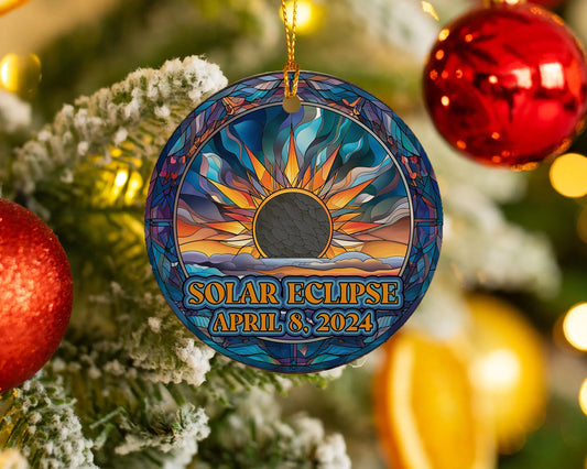 Ceramic solar eclipse 2024 ornament with celestial design – space-themed gift or keepsake