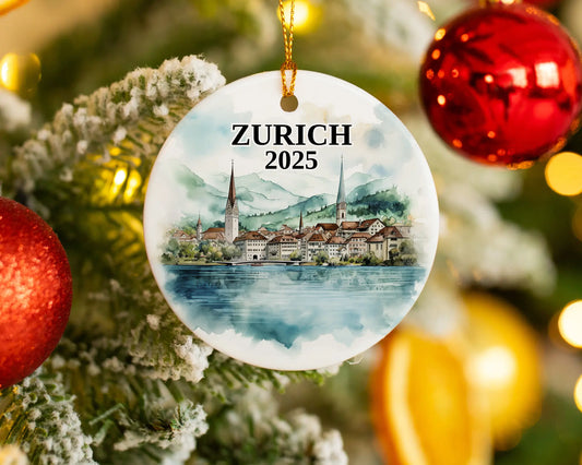Zurich Switzerland Ornament Custom Gift Souvenir Bauble. Custom Zurich Switzerland ceramic photo ornament with personalized message – handmade Christmas bauble, gift souvenir, or vacation keepsake. 
